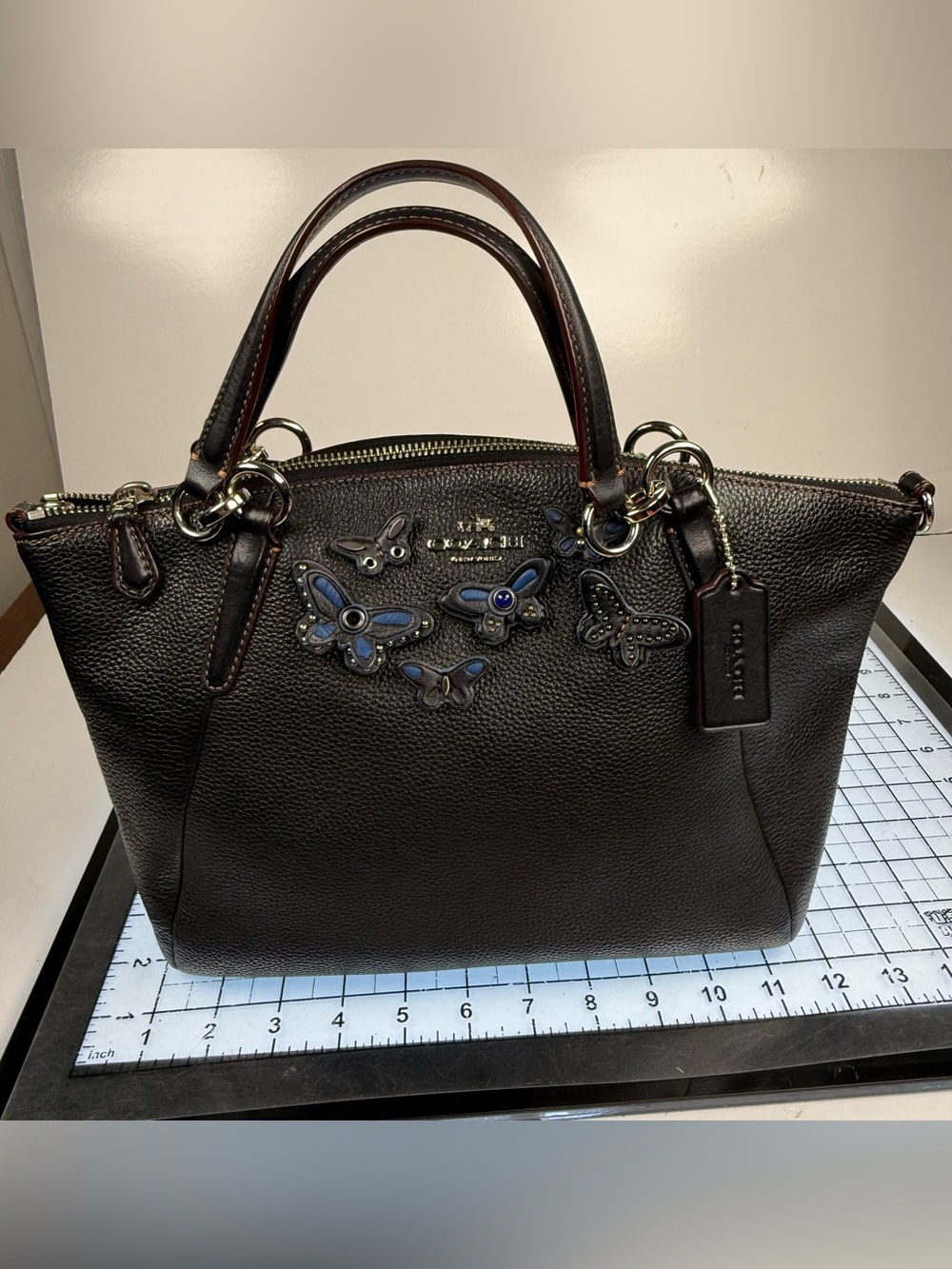 Coach Black Kelsey Pebbled Leather Satchel with Blue Butterfly Accents carbachon
